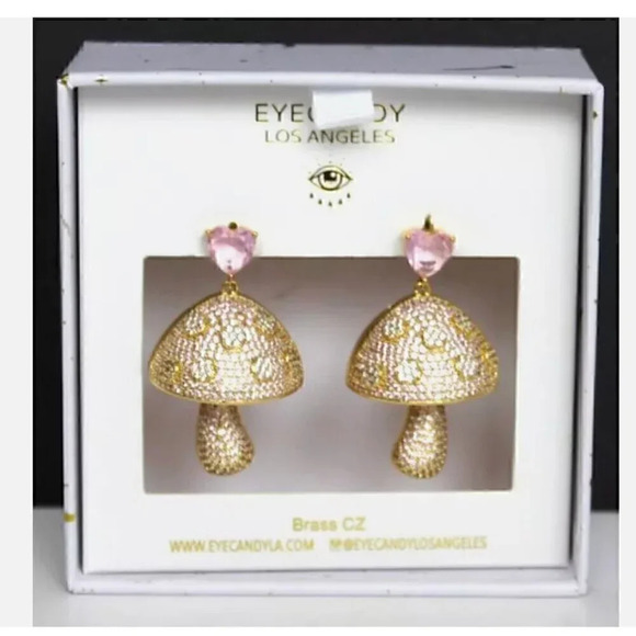 Eyecandy Los Angeles Pink Mushroom Heart CZ Drop Earrings Brand New In Box - Picture 1 of 1